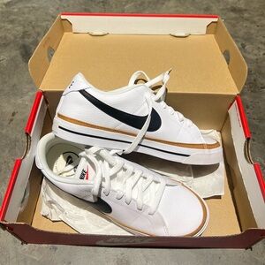 Nike Court Legacy White Low-Top Sneakers with Black Swoosh and Tan Stripe